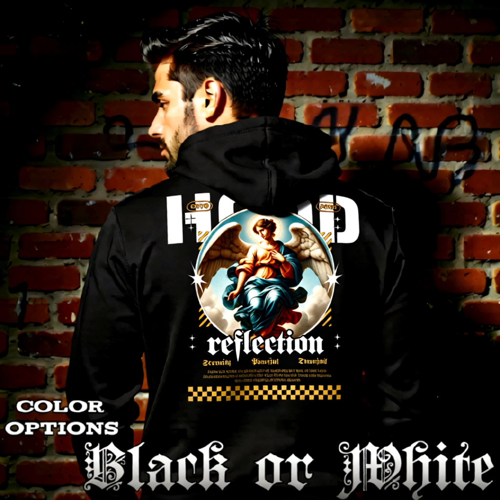 Model wearing gothic angel graphic oversized hoodie with dark art design. 