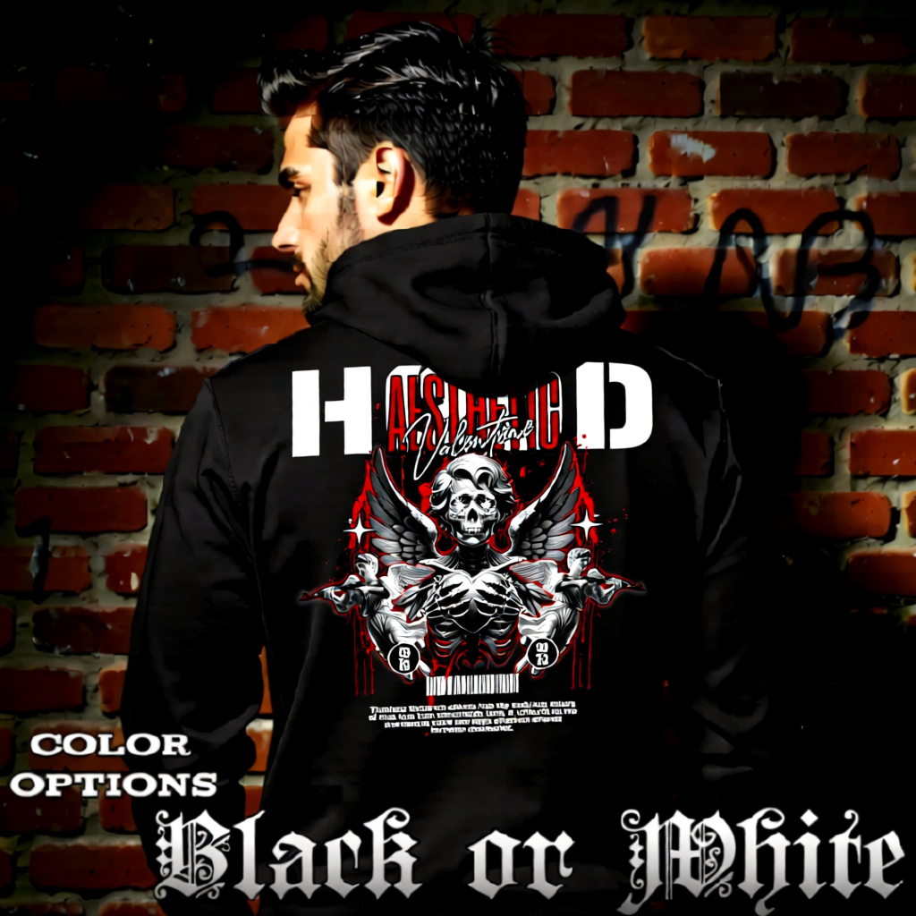 Model wearing gothic angel graphic oversized hoodie with dark art design. 