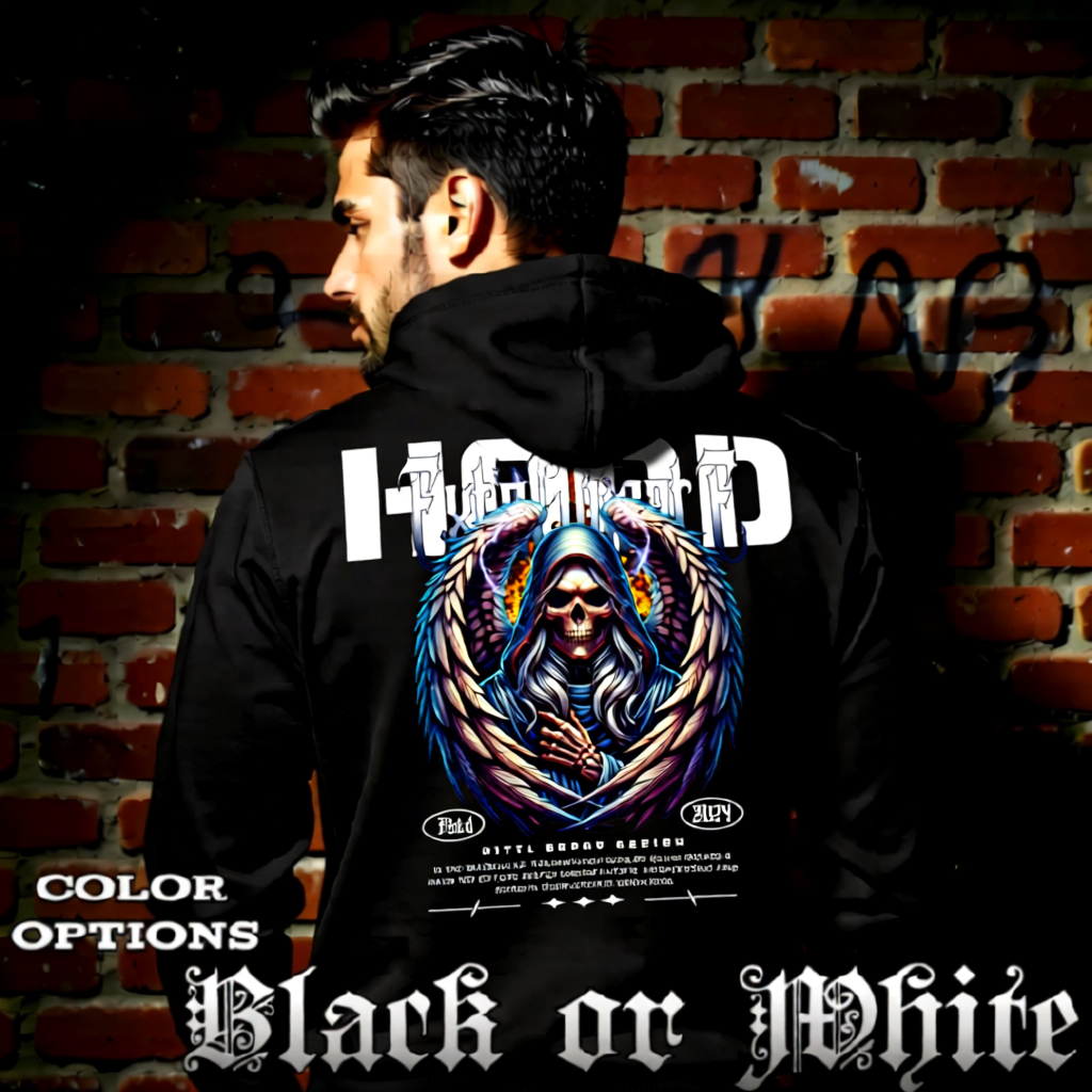 Model wearing gothic angel graphic oversized hoodie with dark art design. 