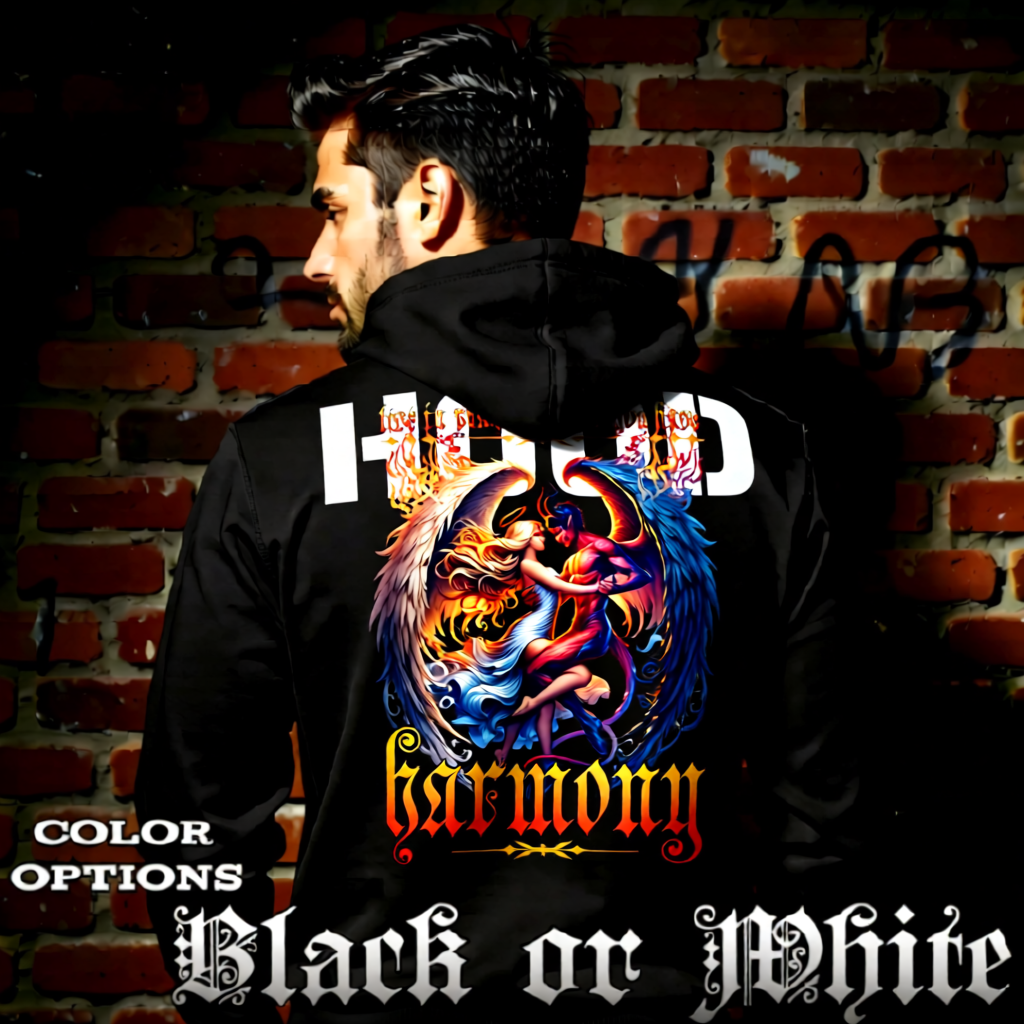 Model wearing gothic angel graphic oversized hoodie with dark art design. 