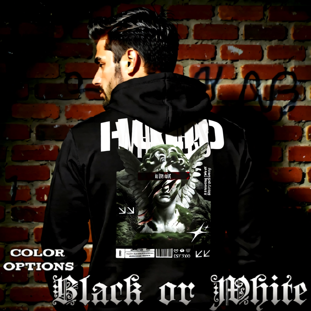 Model wearing gothic angel graphic oversized hoodie with dark art design. 