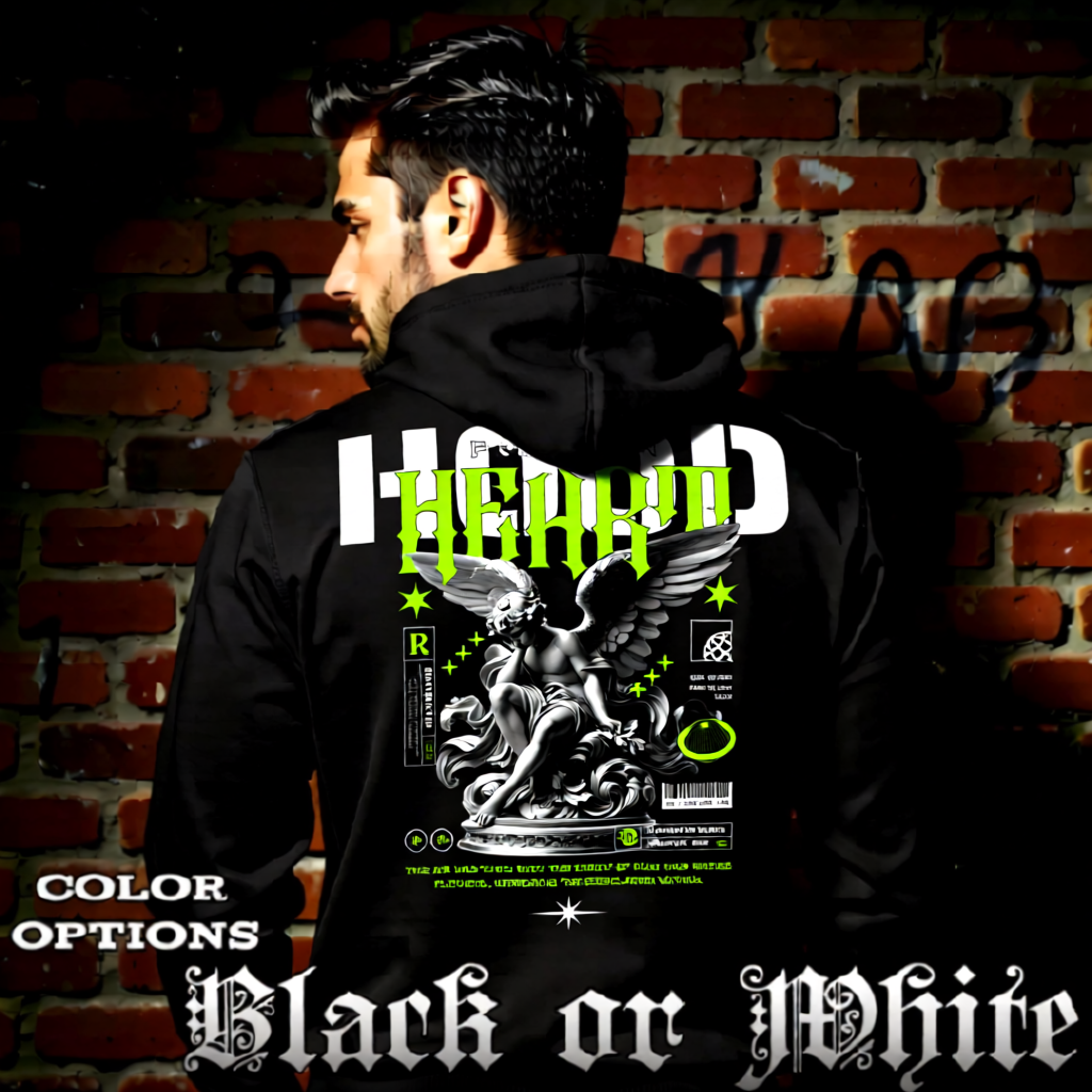 Model wearing gothic angel graphic oversized hoodie with dark art design. 