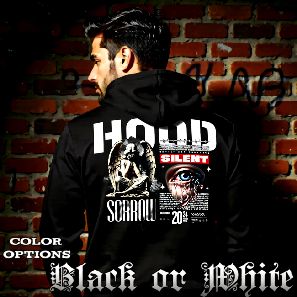 Model wearing gothic angel graphic oversized hoodie with dark art design. 