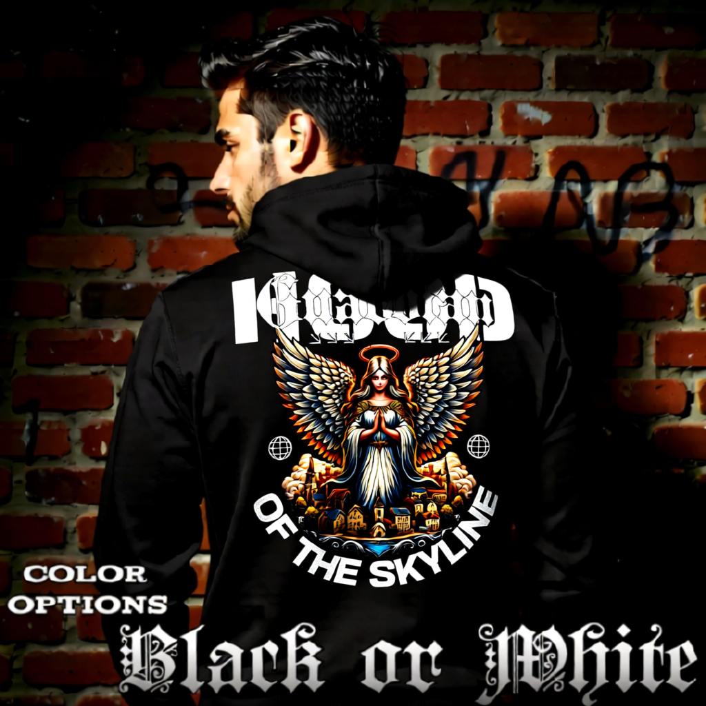 Model wearing gothic angel graphic oversized hoodie with dark art design. 