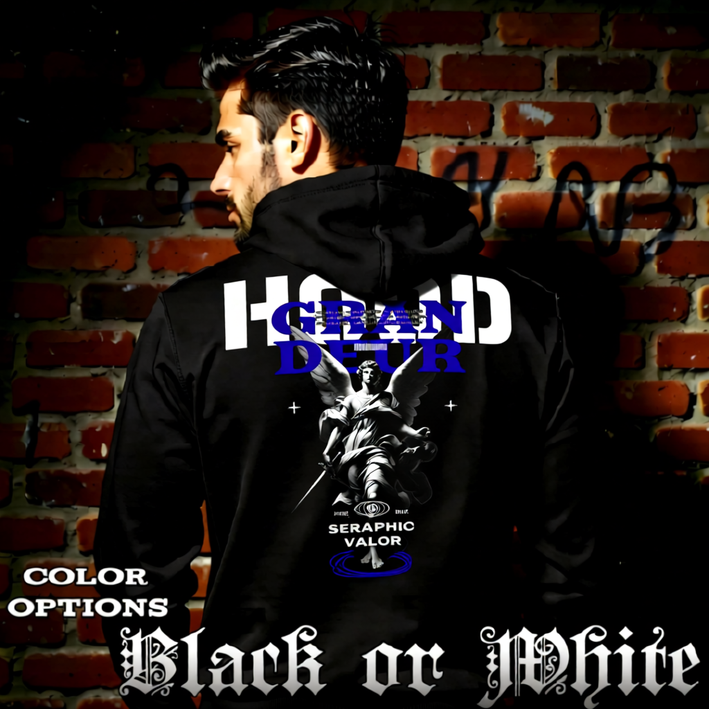 Model wearing gothic angel graphic oversized hoodie with dark art design. 