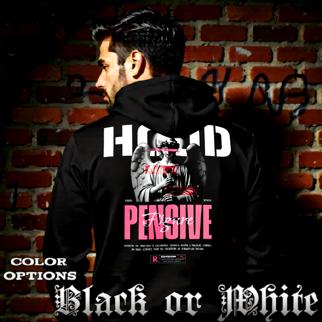 Model wearing gothic angel graphic oversized hoodie with dark art design. 