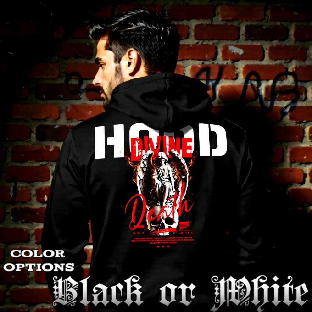 Model wearing gothic angel graphic oversized hoodie with dark art design. 