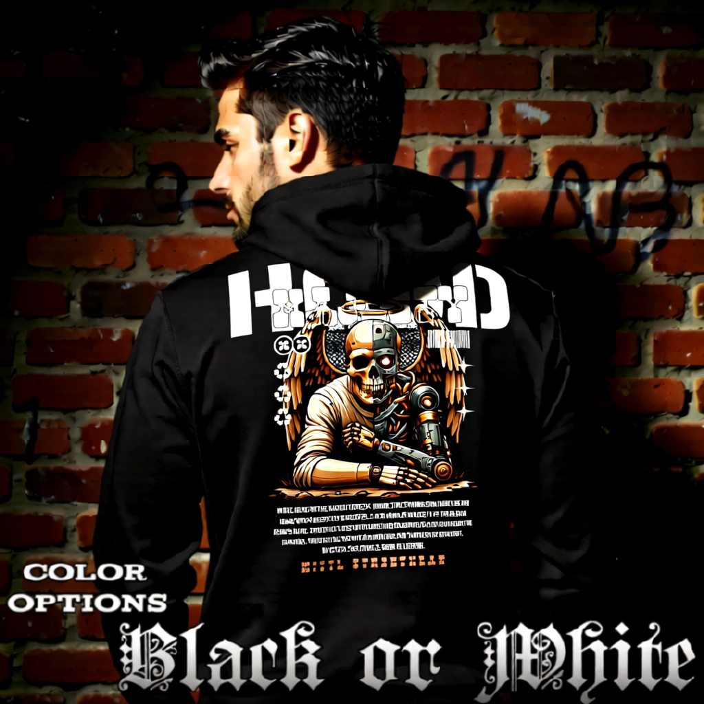 Model wearing gothic angel graphic oversized hoodie with dark art design. 