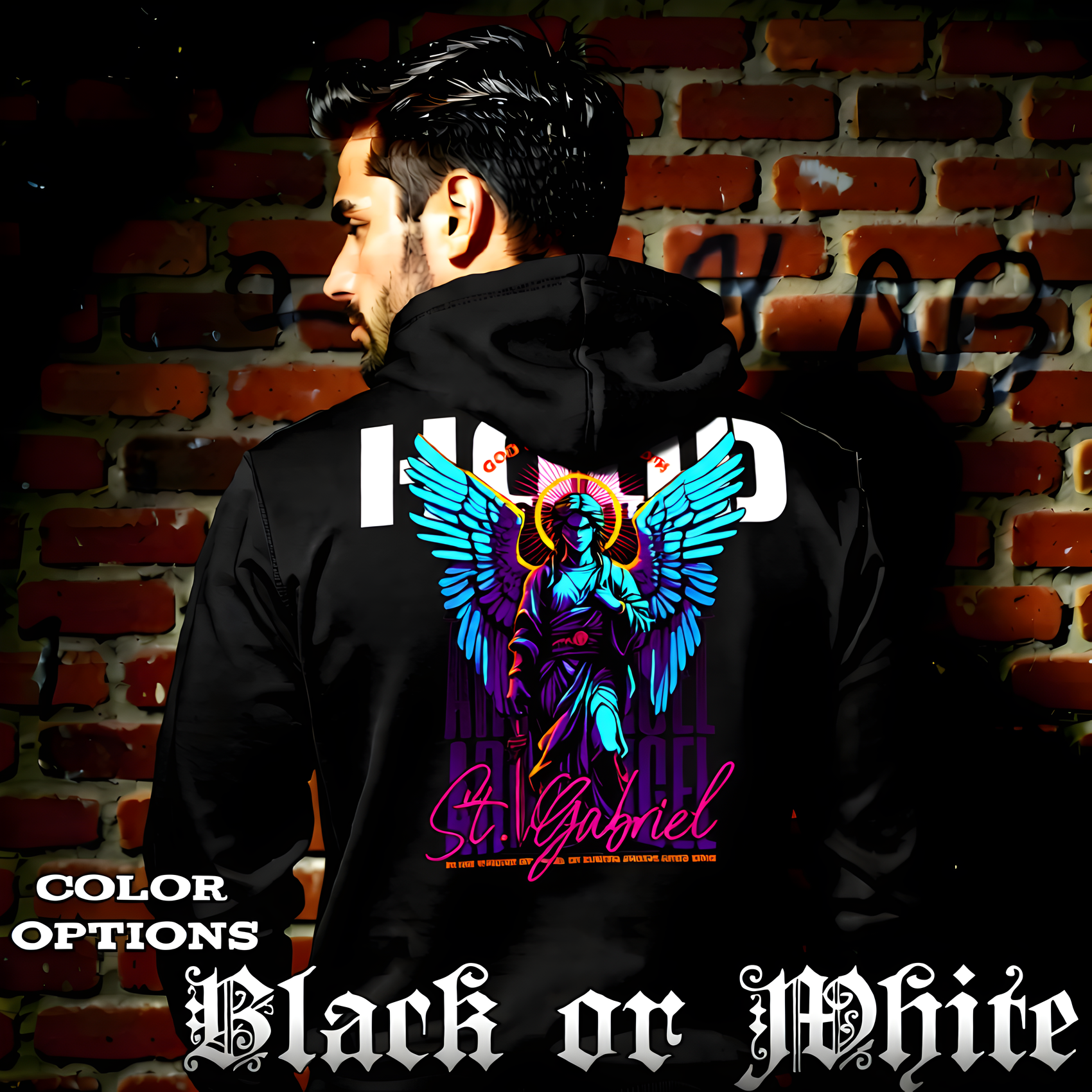 ST. GABRIEL ARCHANGEL neon cyan purple graphic novel oversized black hoodie Project Hood