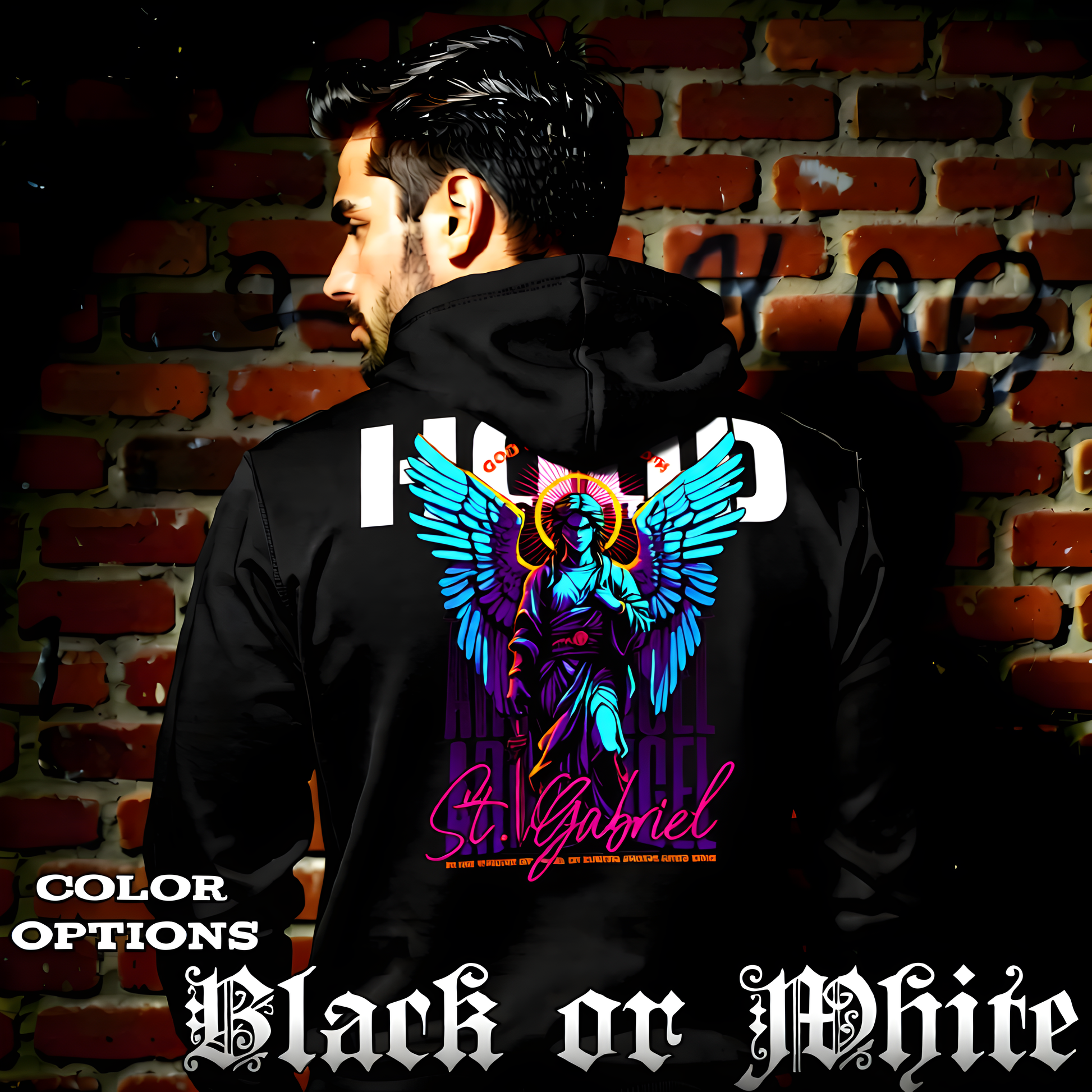 ST. GABRIEL ARCHANGEL neon cyan purple graphic novel oversized black hoodie Project Hood