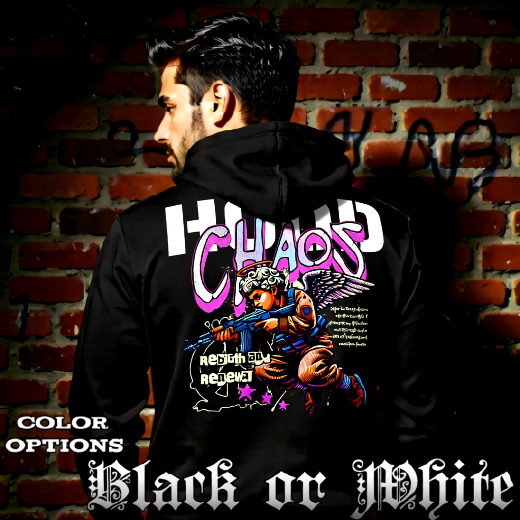 Model wearing gothic angel graphic oversized hoodie with dark art design. 