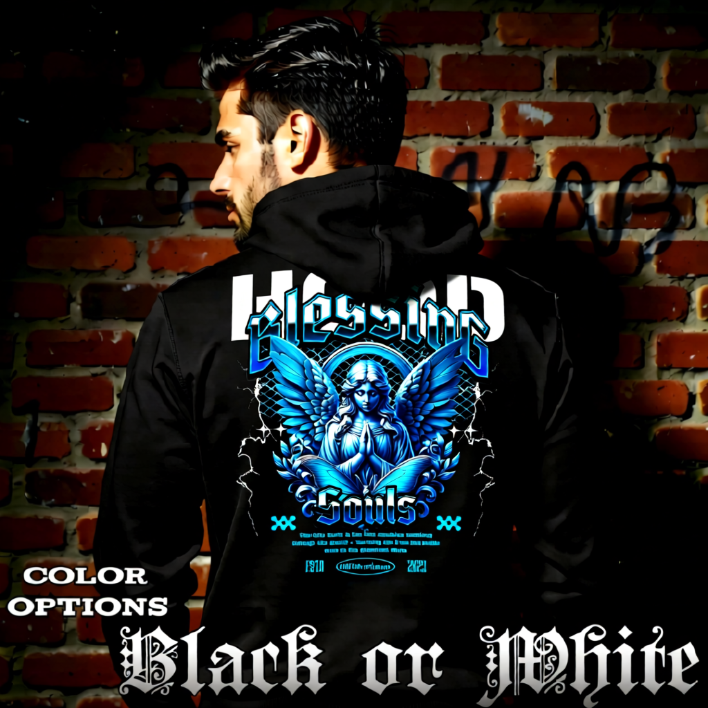 Model wearing gothic angel graphic oversized hoodie with dark art design. 