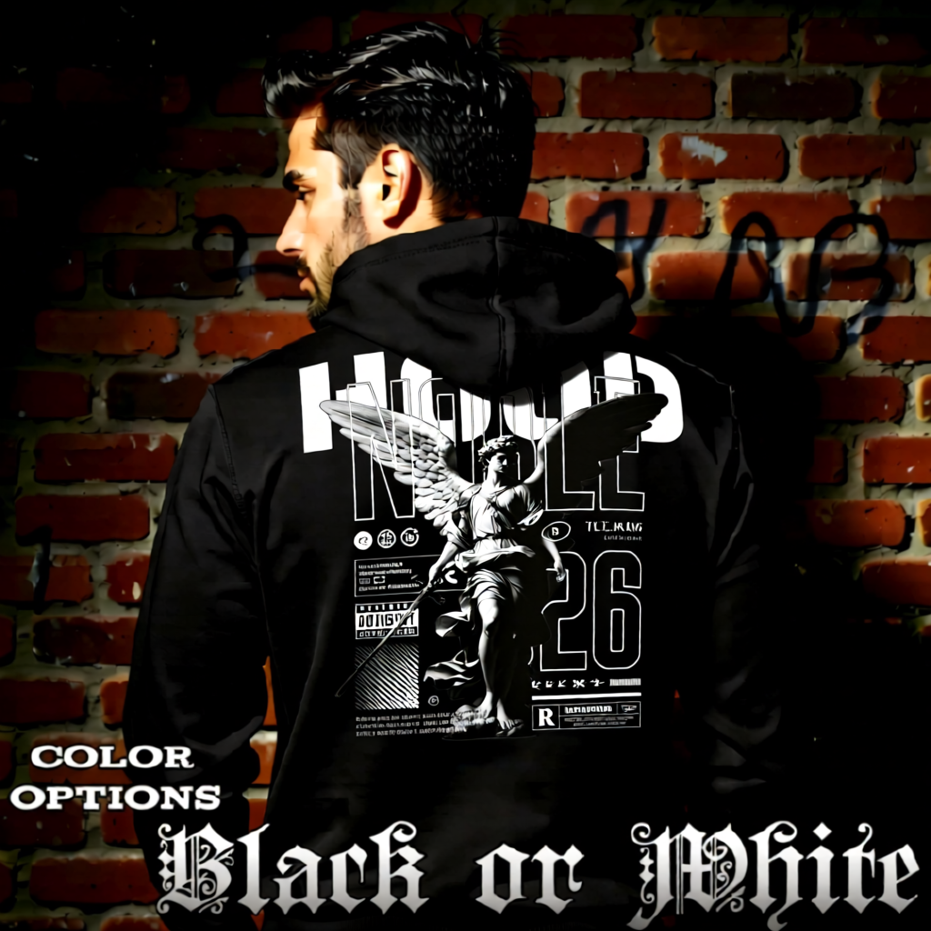 Model wearing gothic angel graphic oversized hoodie with dark art design. 