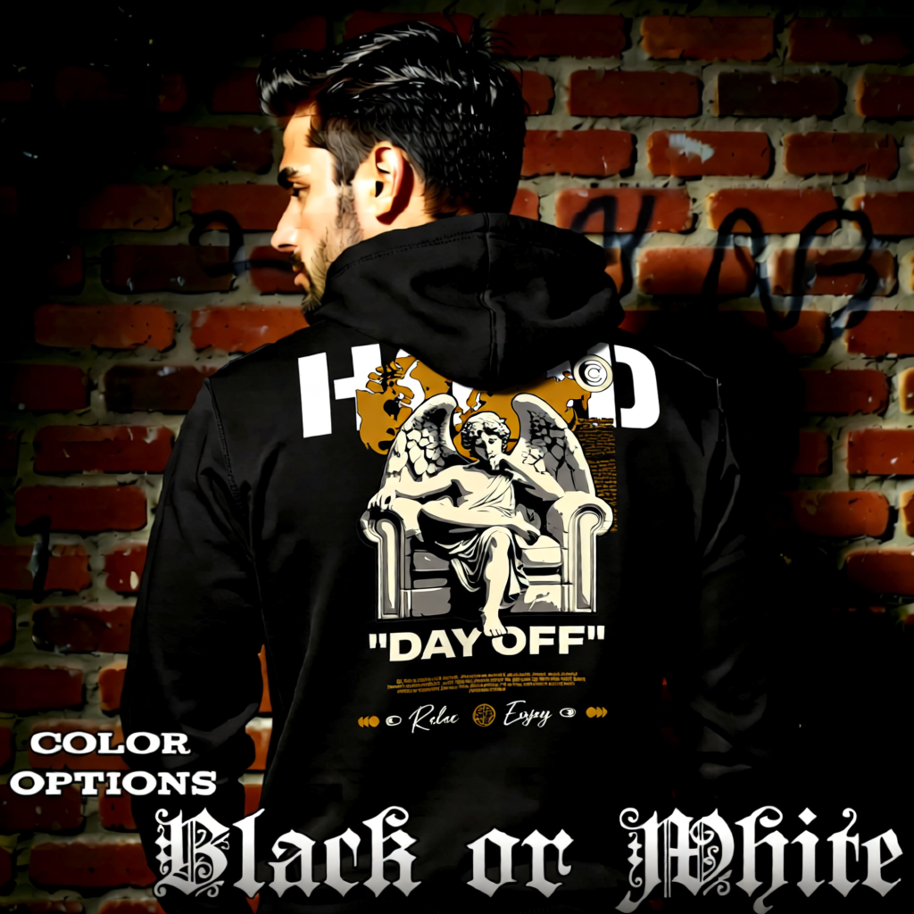 Model wearing gothic angel graphic oversized hoodie with dark art design. 