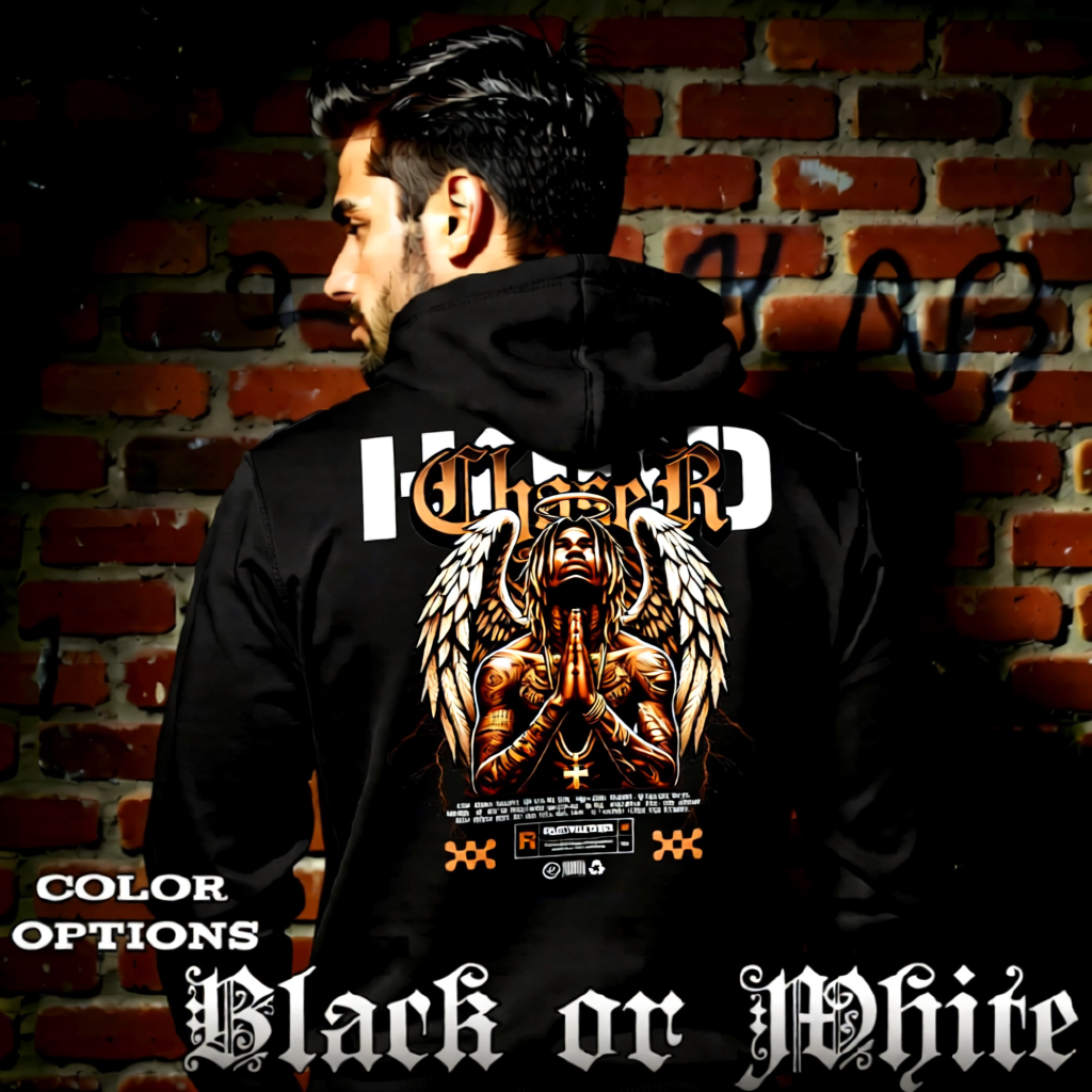 Model wearing gothic angel graphic oversized hoodie with dark art design. 