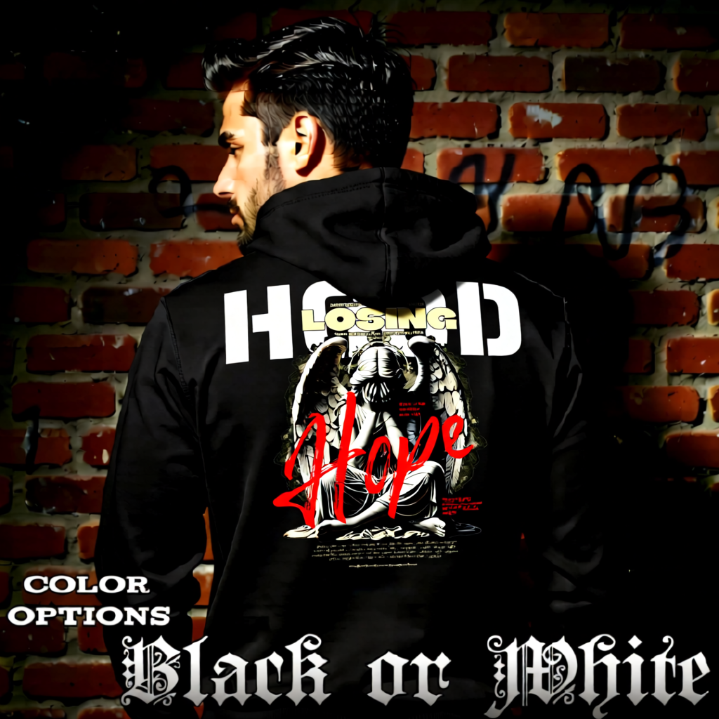 Model wearing gothic angel graphic oversized hoodie with dark art design. 