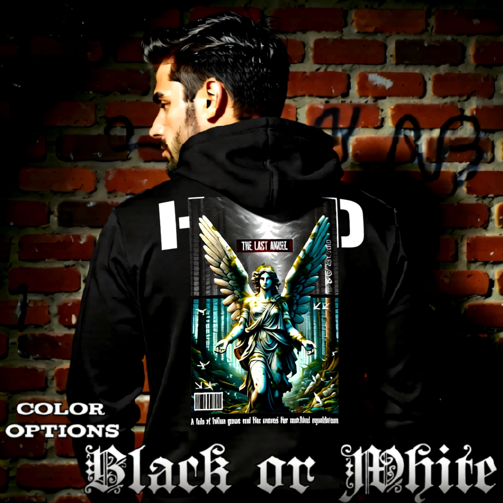 Model wearing gothic angel graphic oversized hoodie with dark art design. 