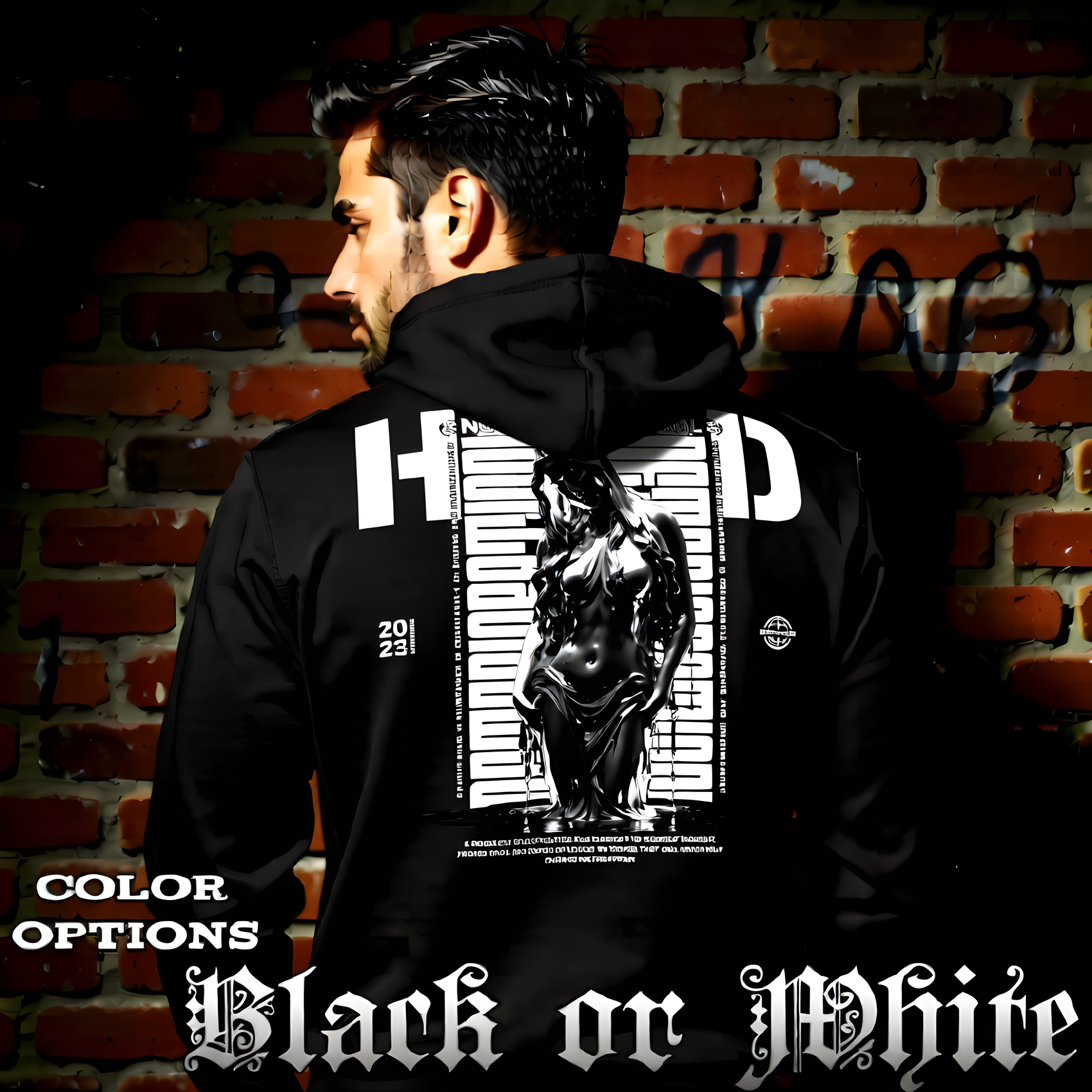 NOTHING IS ETERNAL chrome liquid figure IMPERMANENT typography oversized black hoodie Project Hood