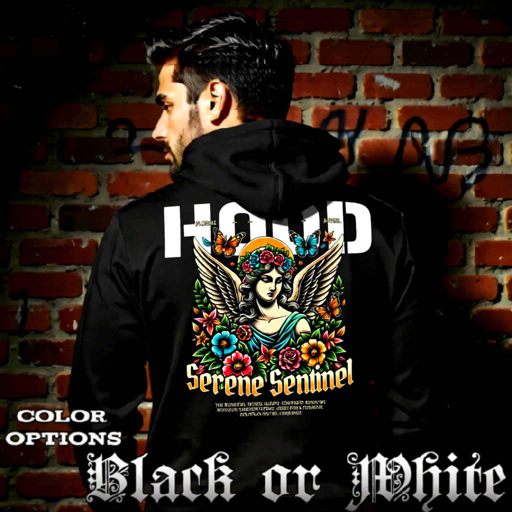 Model wearing gothic angel graphic oversized hoodie with dark art design. 