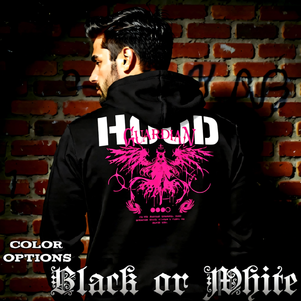 Model wearing gothic angel graphic oversized hoodie with dark art design. 