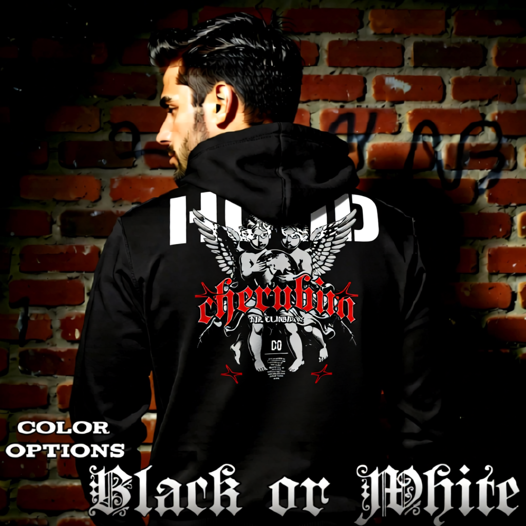 Model wearing gothic angel graphic oversized hoodie with dark art design. 