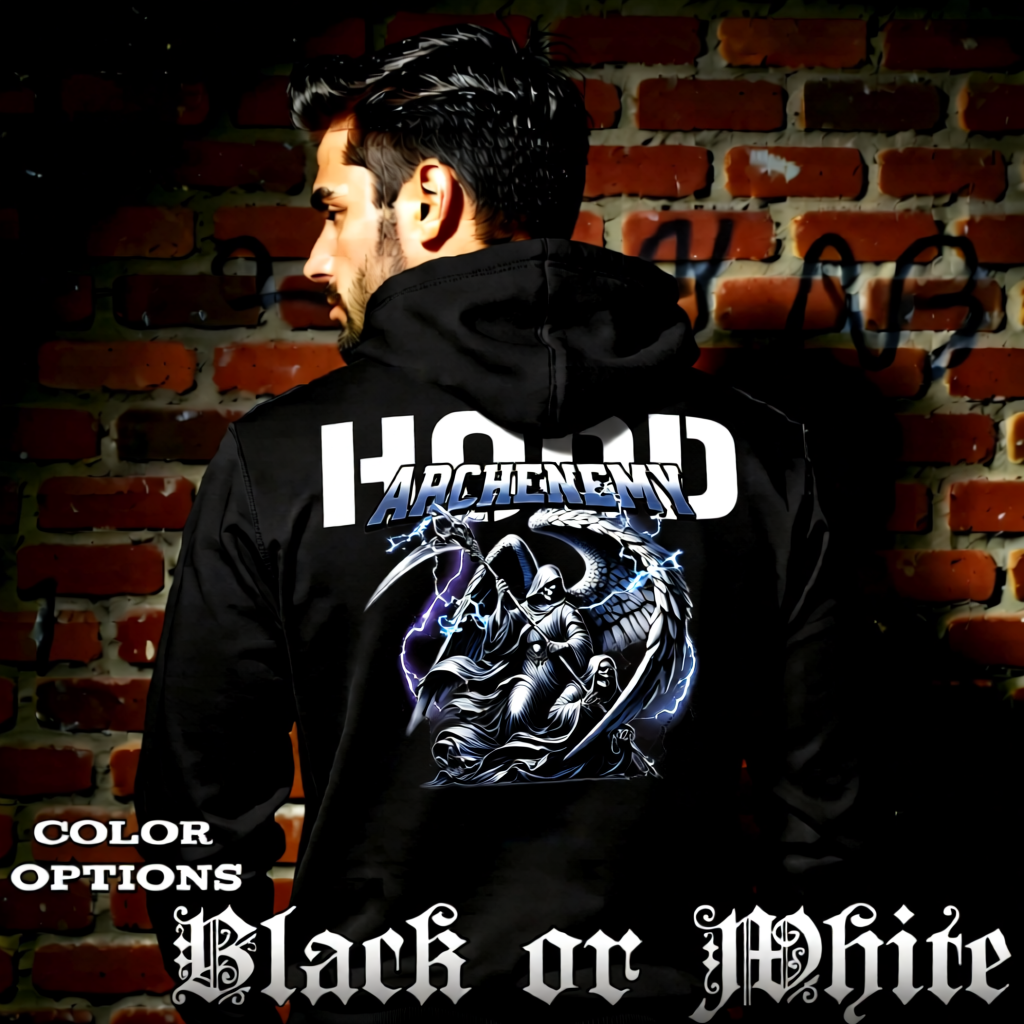 Model wearing gothic angel graphic oversized hoodie with dark art design. 