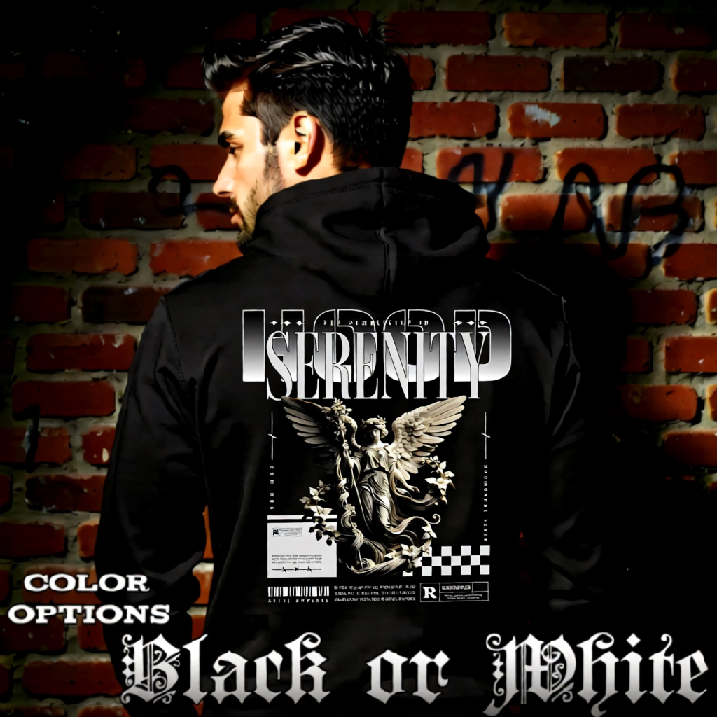 Model wearing gothic angel graphic oversized hoodie with dark art design. 