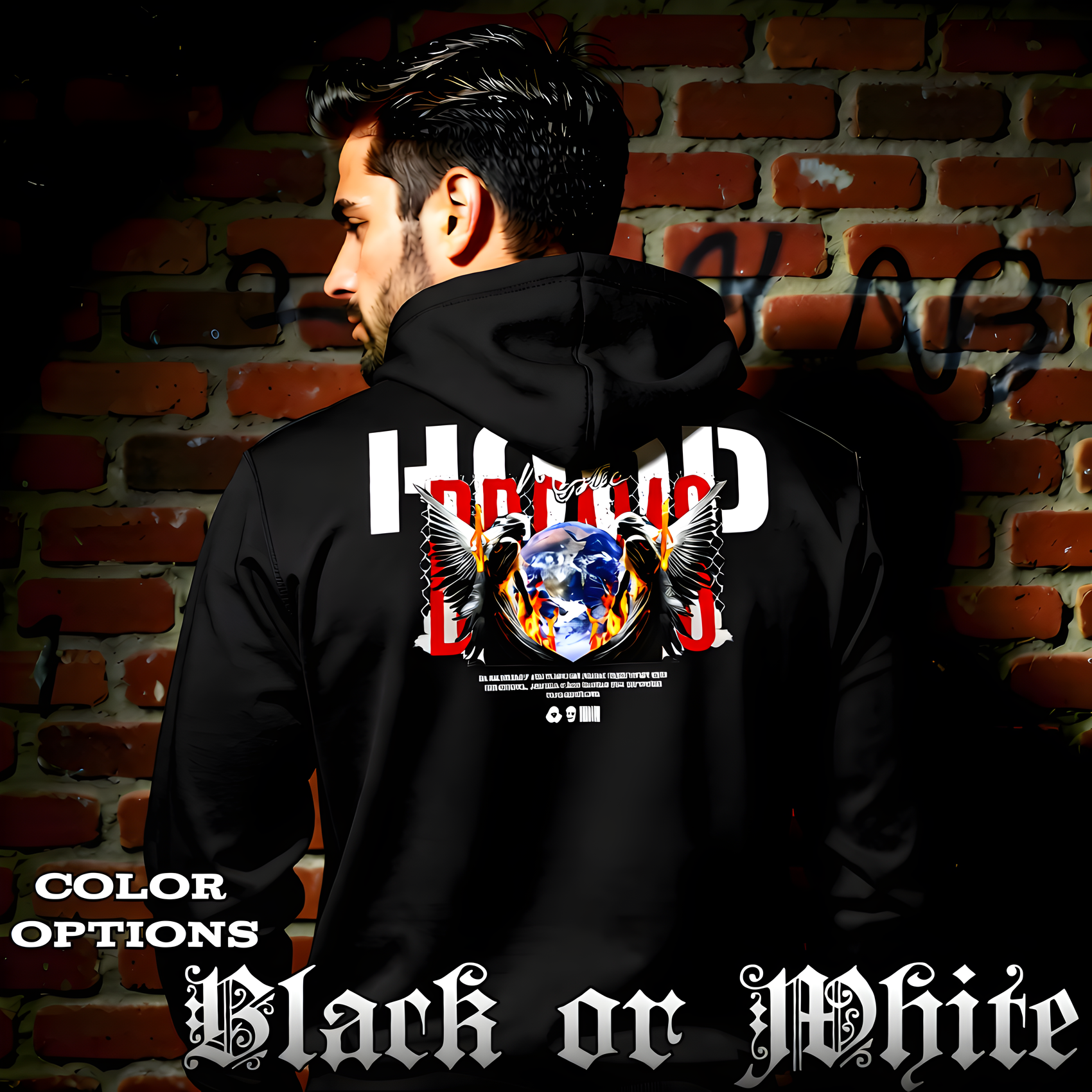MYSTIC DREAMS dual angels Earth fire chain link red DREAMS oversized black hoodie Project Hood