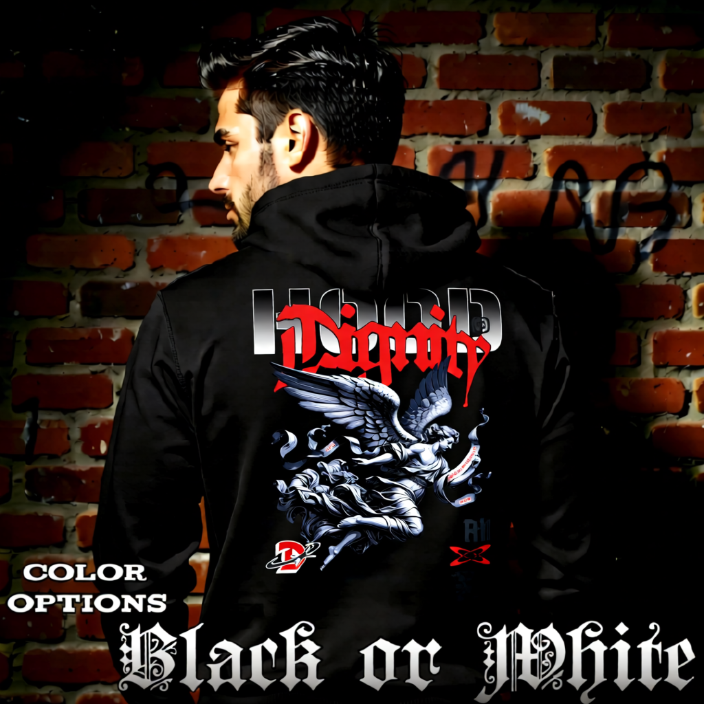Model wearing gothic angel graphic oversized hoodie with dark art design. 