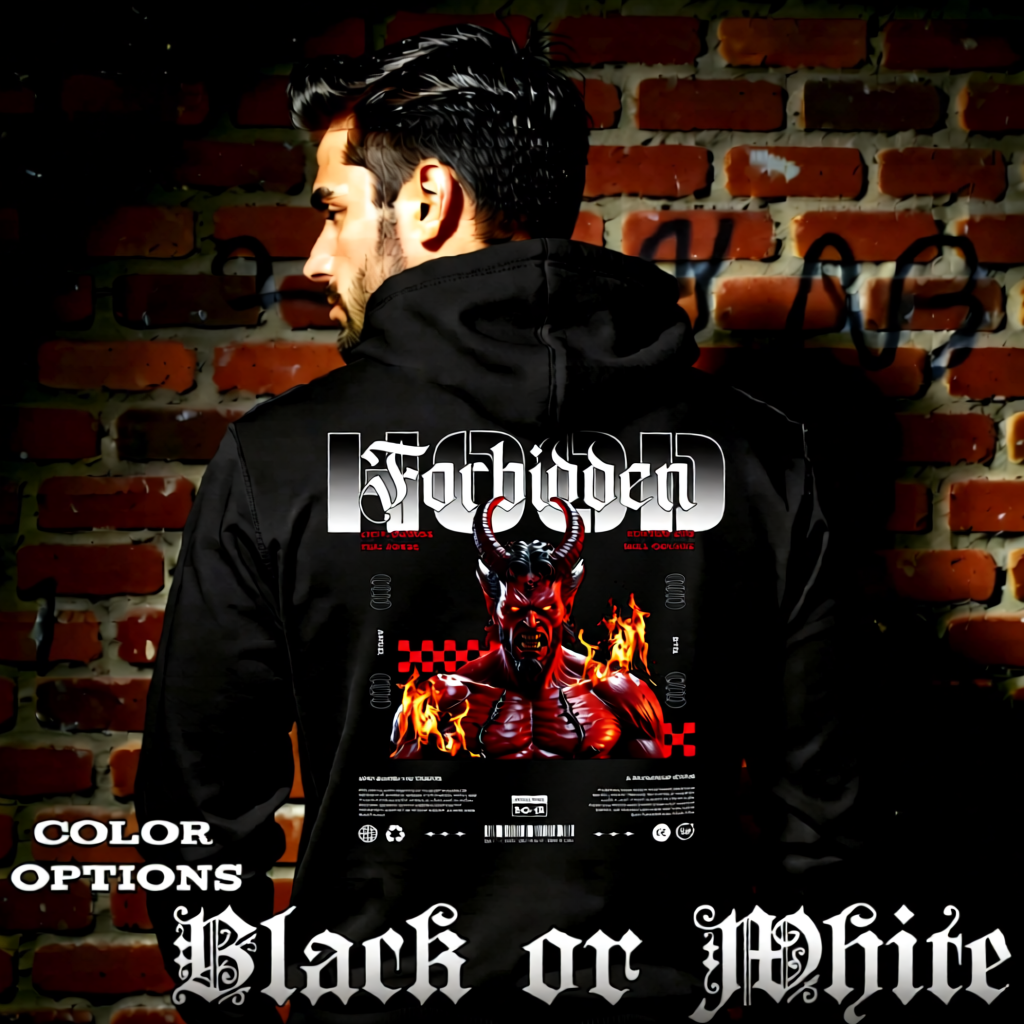 Model wearing gothic angel graphic oversized hoodie with dark art design. 
