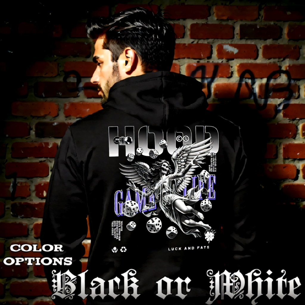 Model wearing gothic angel graphic oversized hoodie with dark art design. 