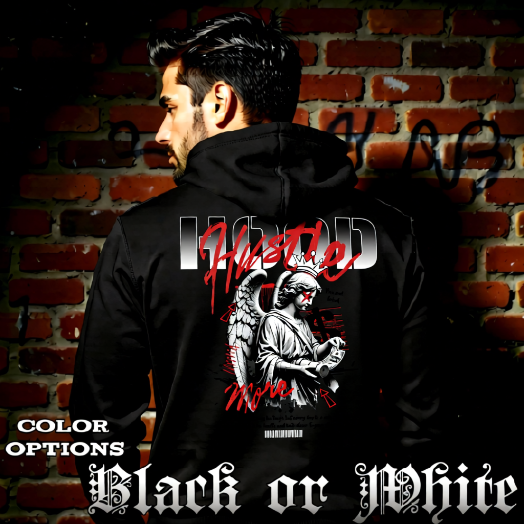 Model wearing gothic angel graphic oversized hoodie with dark art design. 