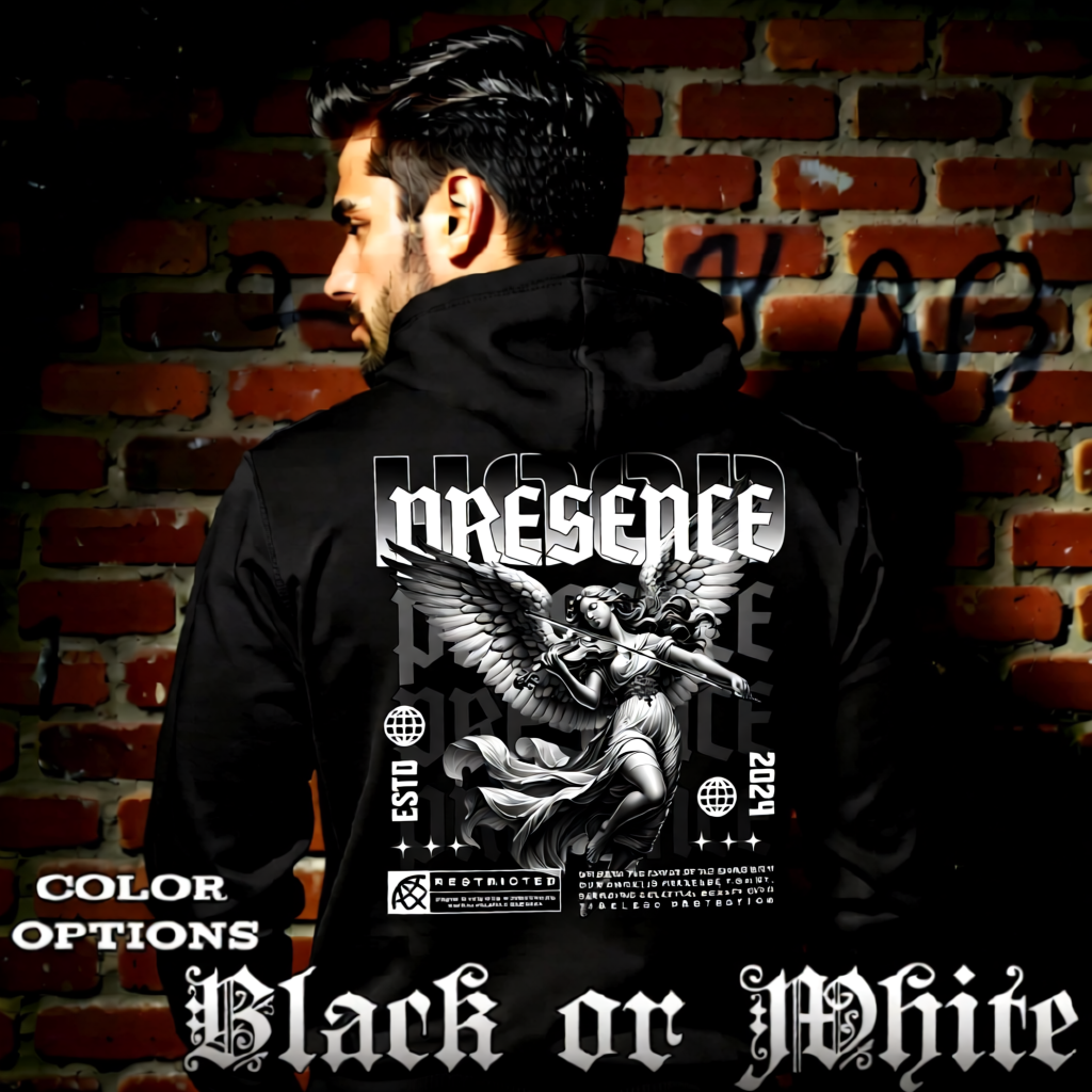Model wearing gothic angel graphic oversized hoodie with dark art design. 