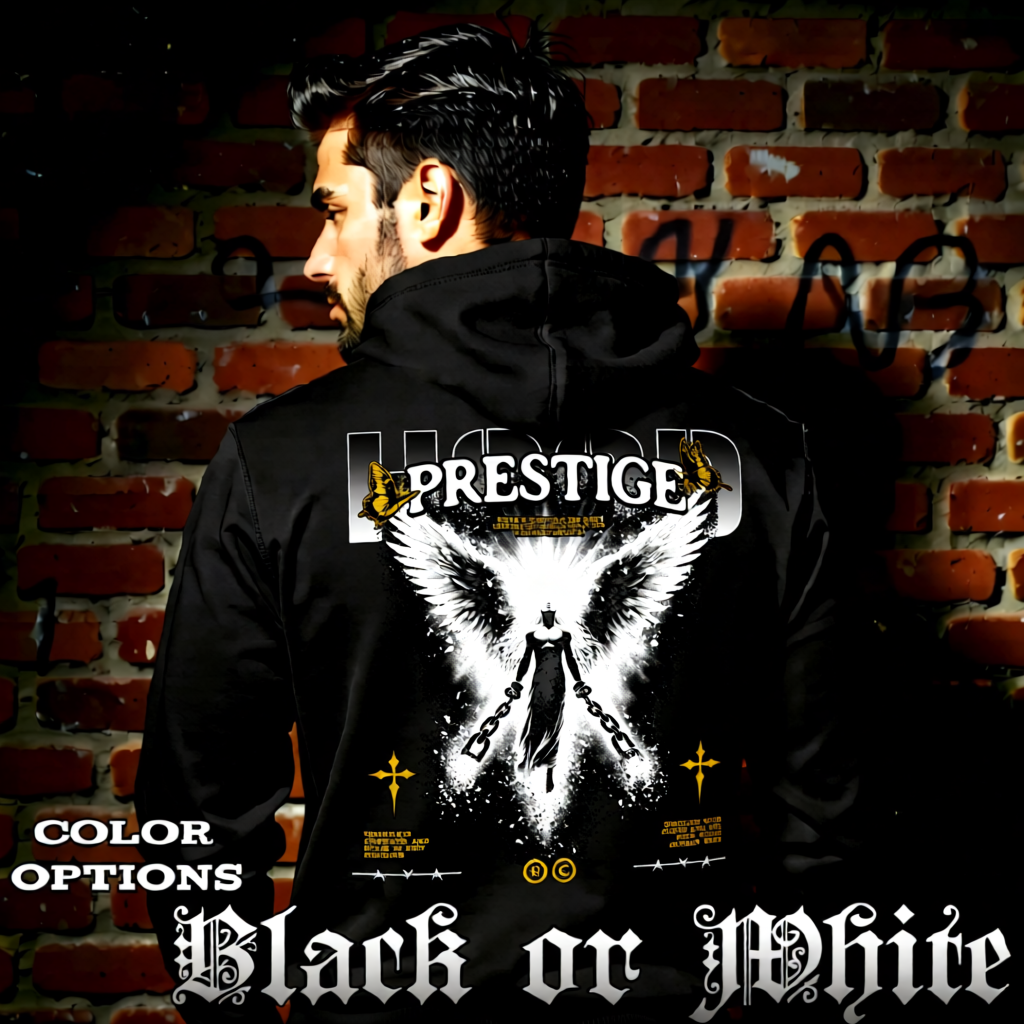 Model wearing gothic angel graphic oversized hoodie with dark art design. 