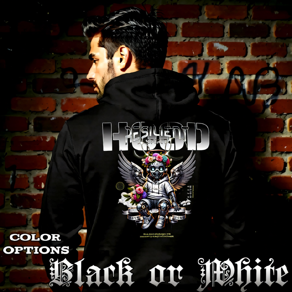 Model wearing gothic angel graphic oversized hoodie with dark art design. 