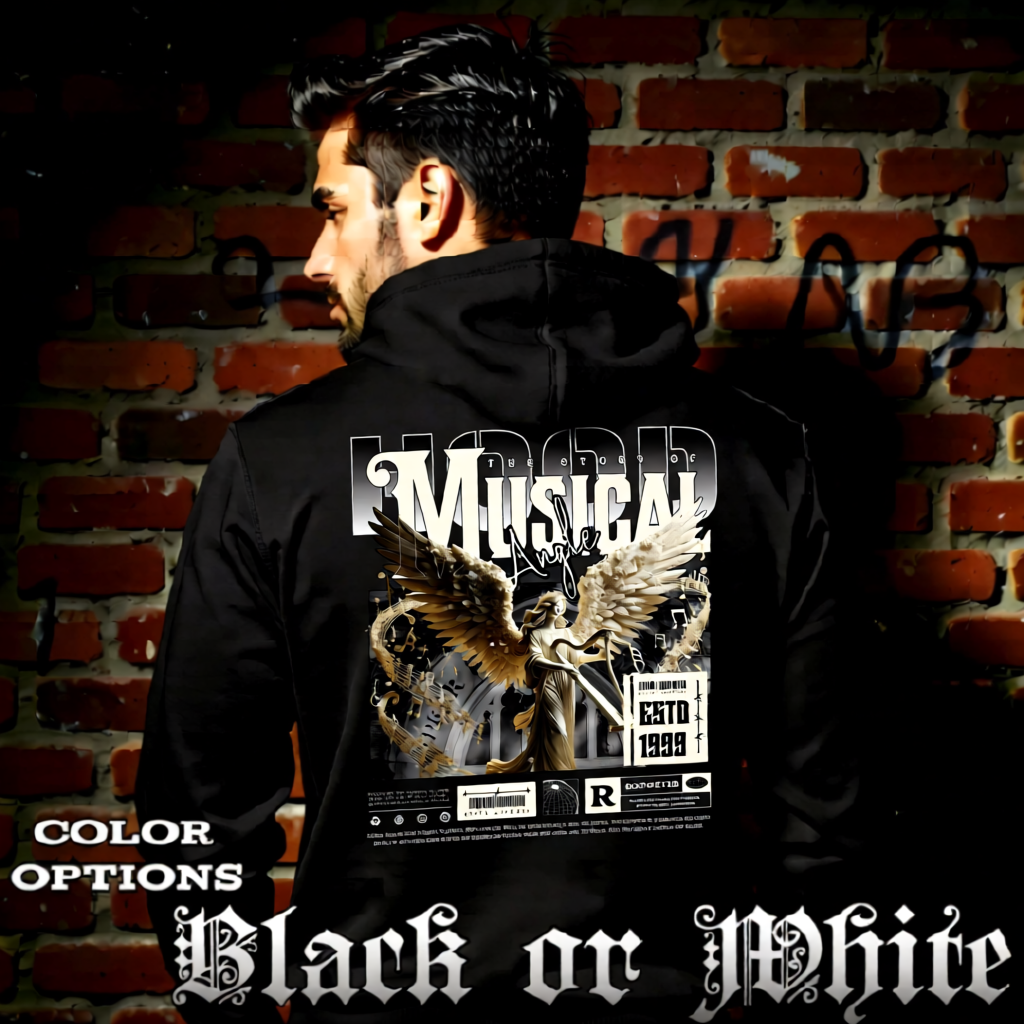 Model wearing gothic angel graphic oversized hoodie with dark art design. 