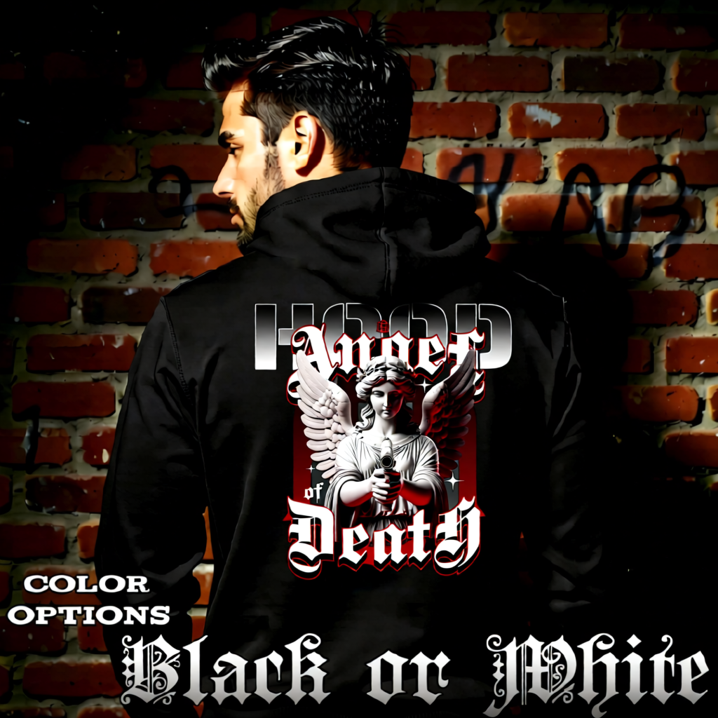 Model wearing gothic angel graphic oversized hoodie with dark art design. 