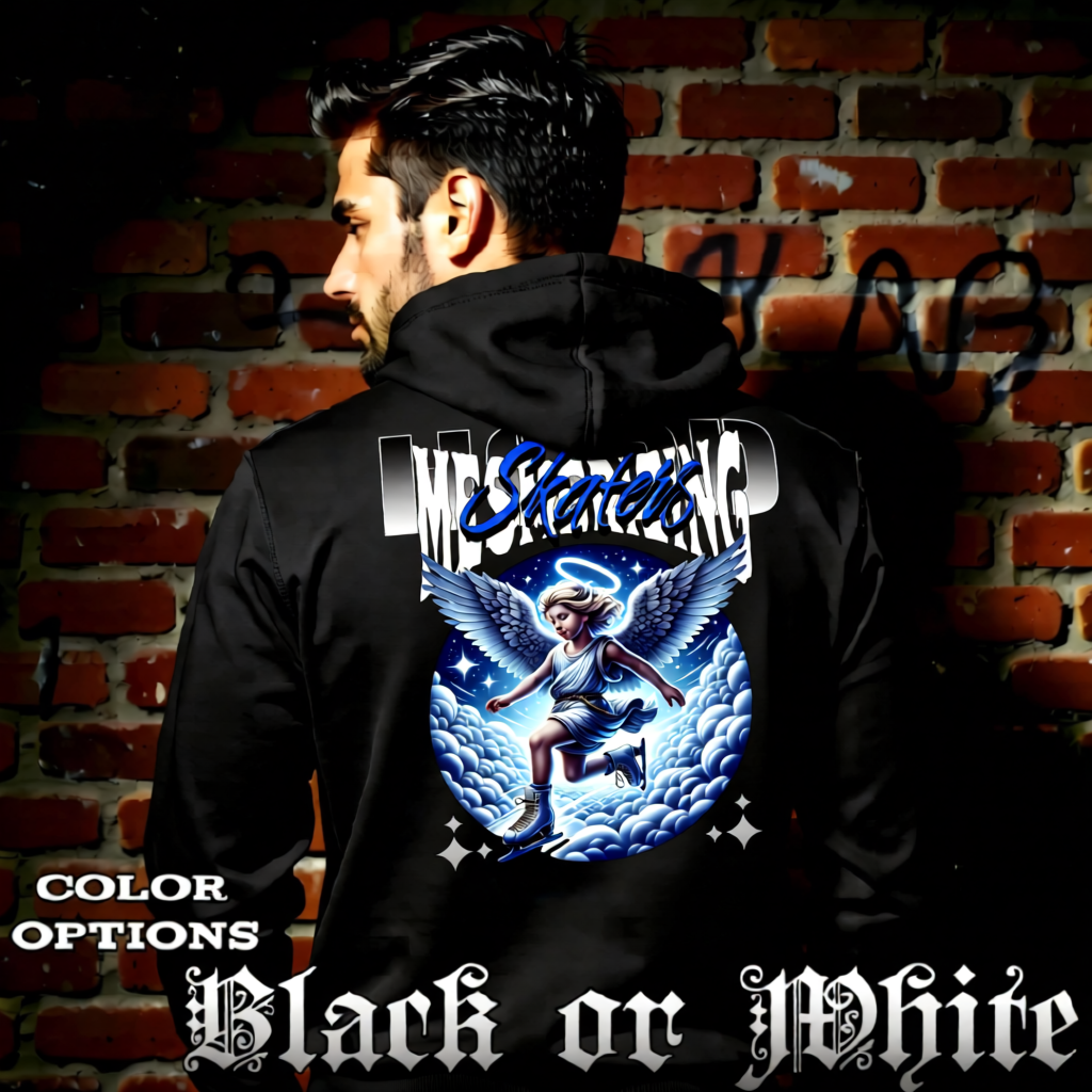 Model wearing gothic angel graphic oversized hoodie with dark art design. 