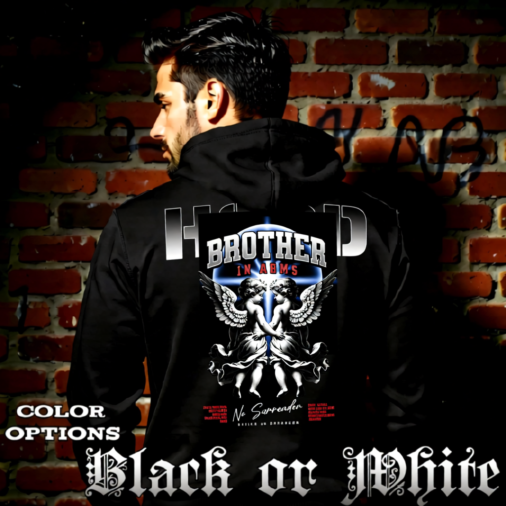 Model wearing gothic angel graphic oversized hoodie with dark art design. 