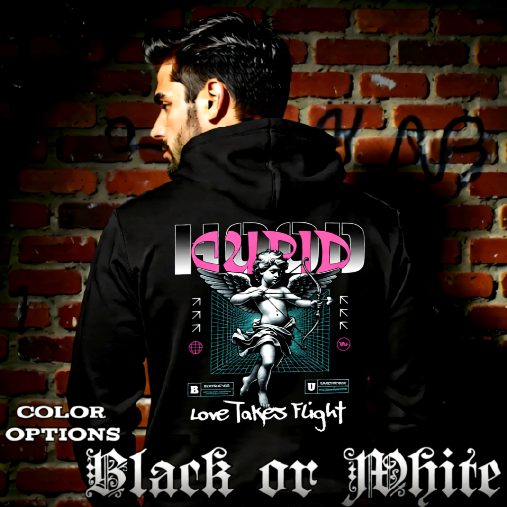 Model wearing gothic angel graphic oversized hoodie with dark art design. 