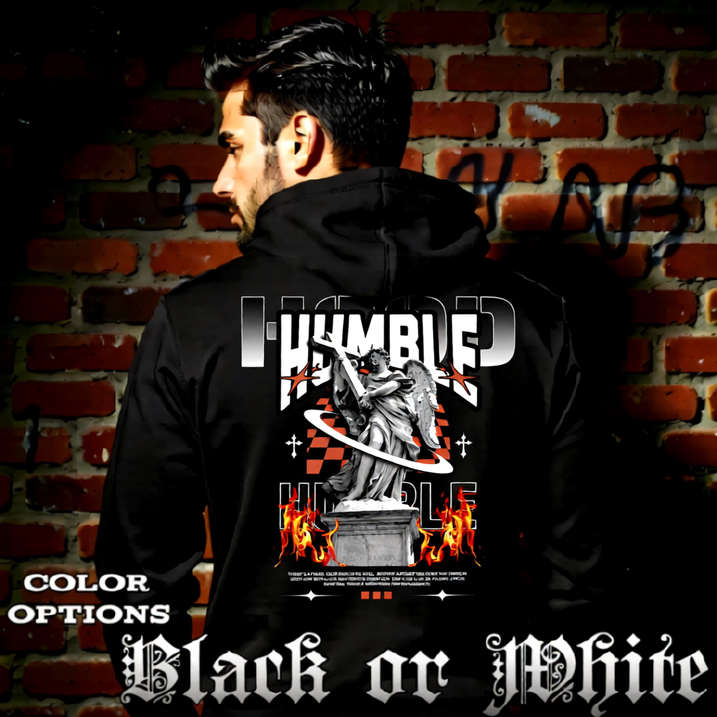Model wearing gothic angel graphic oversized hoodie with dark art design. 
