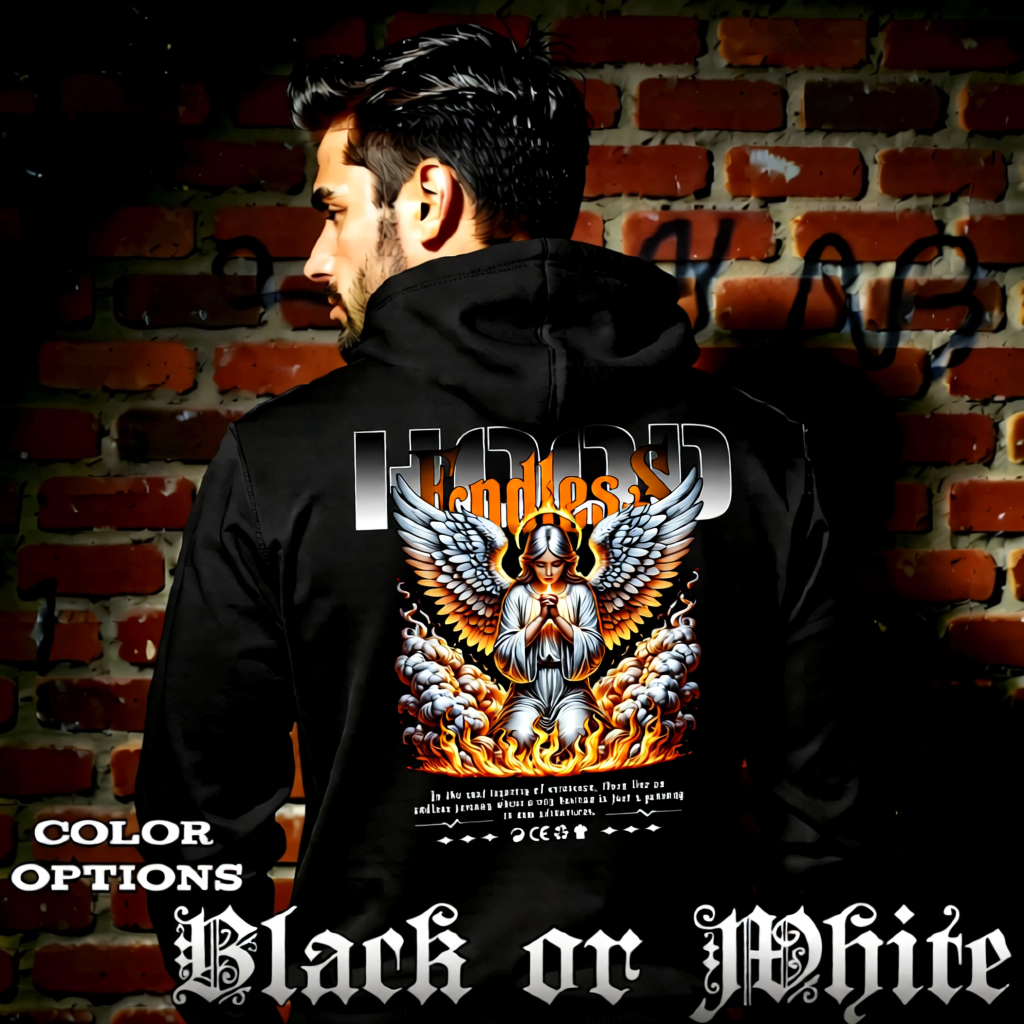Model wearing gothic angel graphic oversized hoodie with dark art design. 