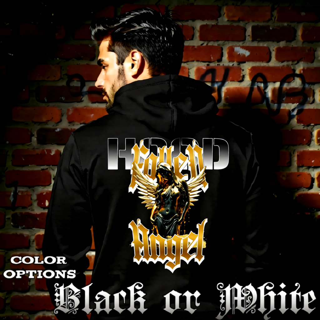Model wearing gothic angel graphic oversized hoodie with dark art design. 