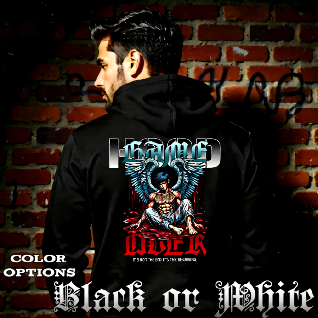 Model wearing gothic angel graphic oversized hoodie with dark art design. 