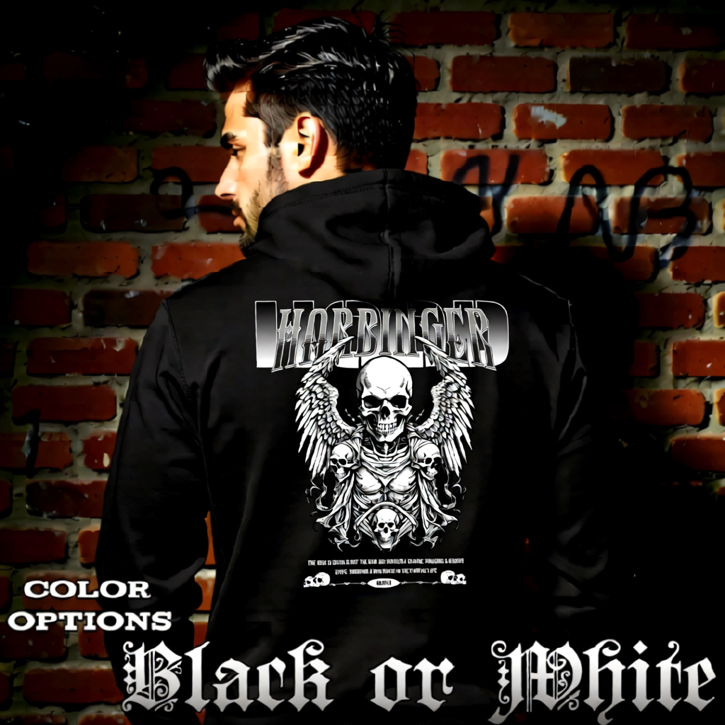 Model wearing gothic angel graphic oversized hoodie with dark art design. 