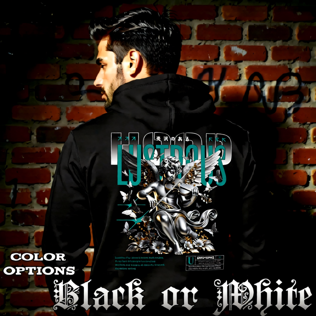 Model wearing gothic angel graphic oversized hoodie with dark art design. 