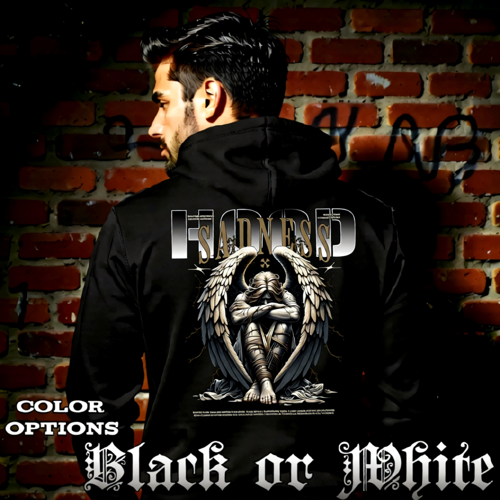 Model wearing gothic angel graphic oversized hoodie with dark art design. 