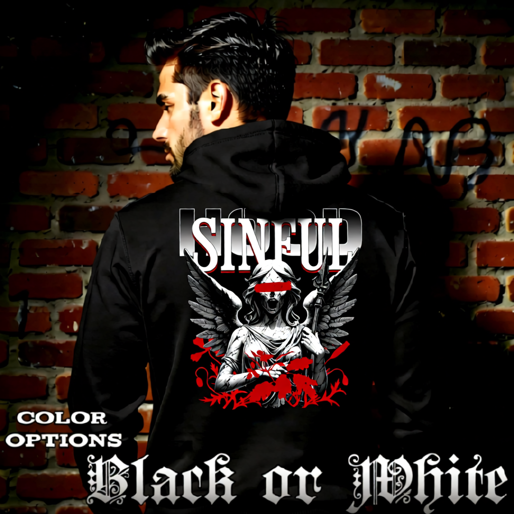 Model wearing gothic angel graphic oversized hoodie with dark art design. 