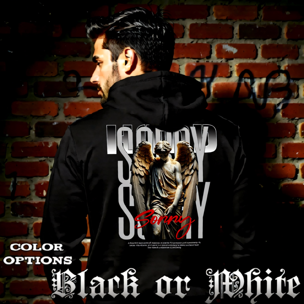 Model wearing gothic angel graphic oversized hoodie with dark art design. 