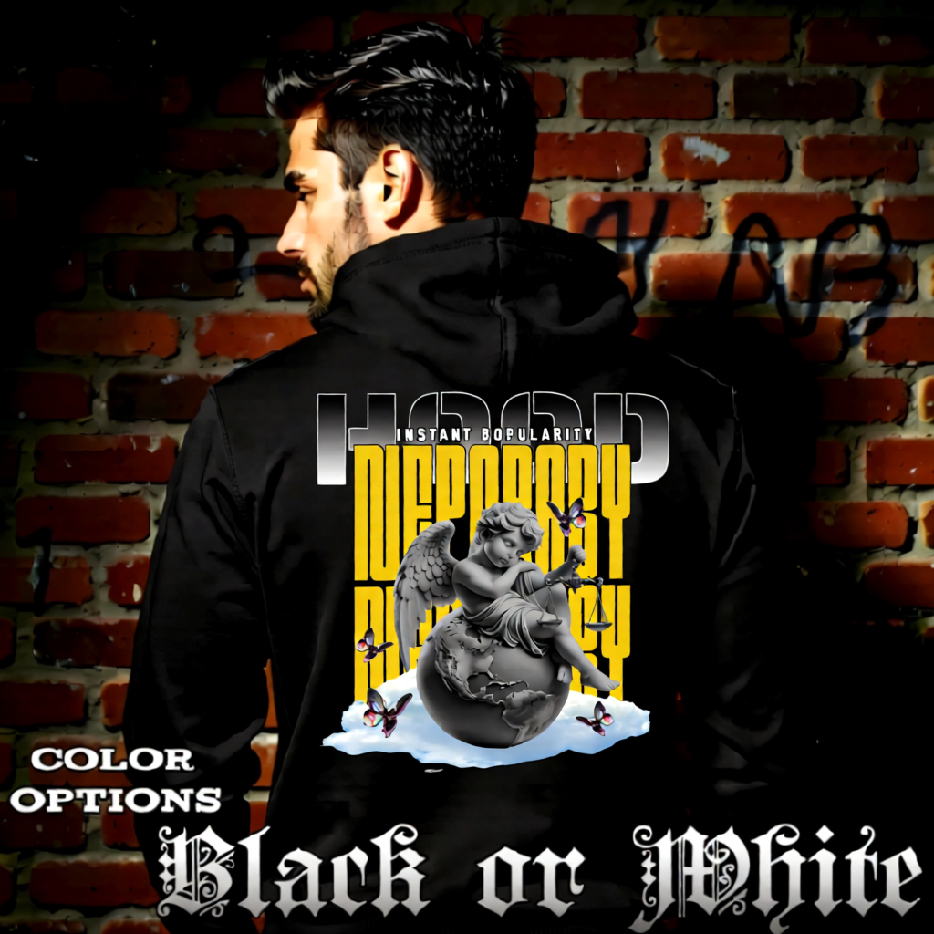 Model wearing gothic angel graphic oversized hoodie with dark art design. 